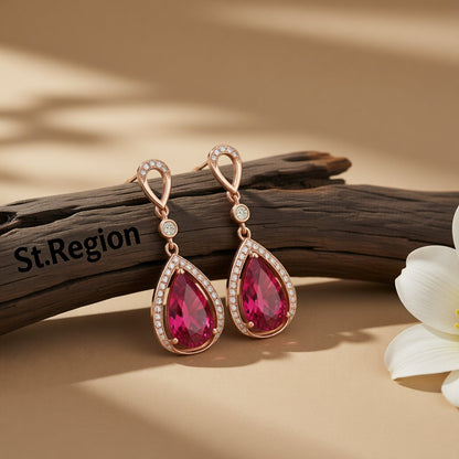 Red Crystal and Cubic Zirconia 18K Rose Gold-Plated Halo Pear Drop Earrings, rose gold drop earrings for women, front view