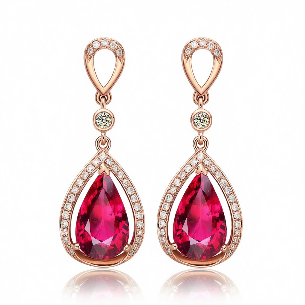 Red Crystal and Cubic Zirconia 18K Rose Gold-Plated Halo Pear Drop Earrings, rose gold drop earrings for women, side view