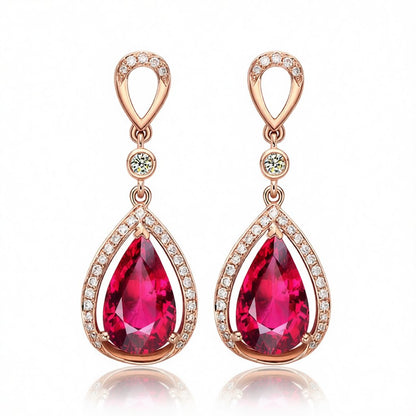 Red Crystal and Cubic Zirconia 18K Rose Gold-Plated Halo Pear Drop Earrings, rose gold drop earrings for women, side view
