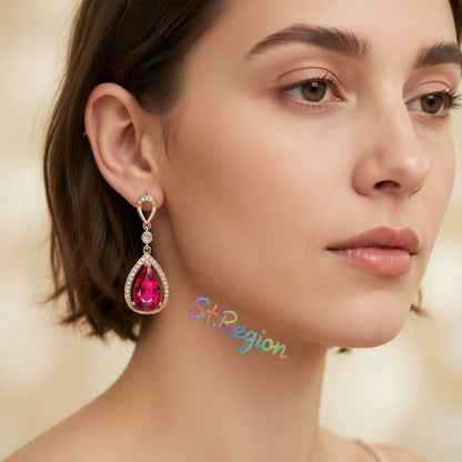 Red Crystal and Cubic Zirconia 18K Rose Gold-Plated Halo Pear Drop Earrings, rose gold drop earrings for women, styled look