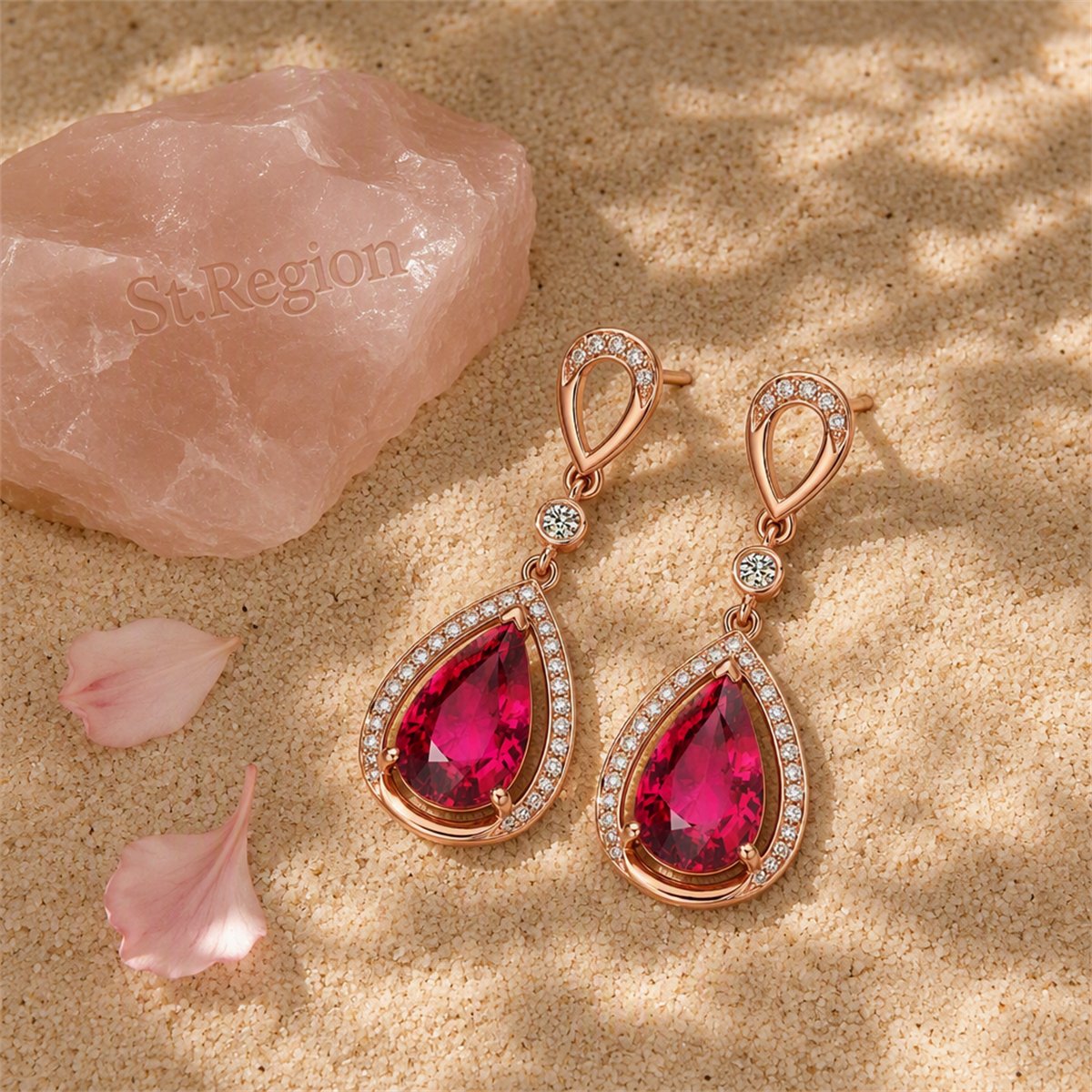 Red Crystal and Cubic Zirconia 18K Rose Gold-Plated Halo Pear Drop Earrings, rose gold drop earrings for..., detail close-up