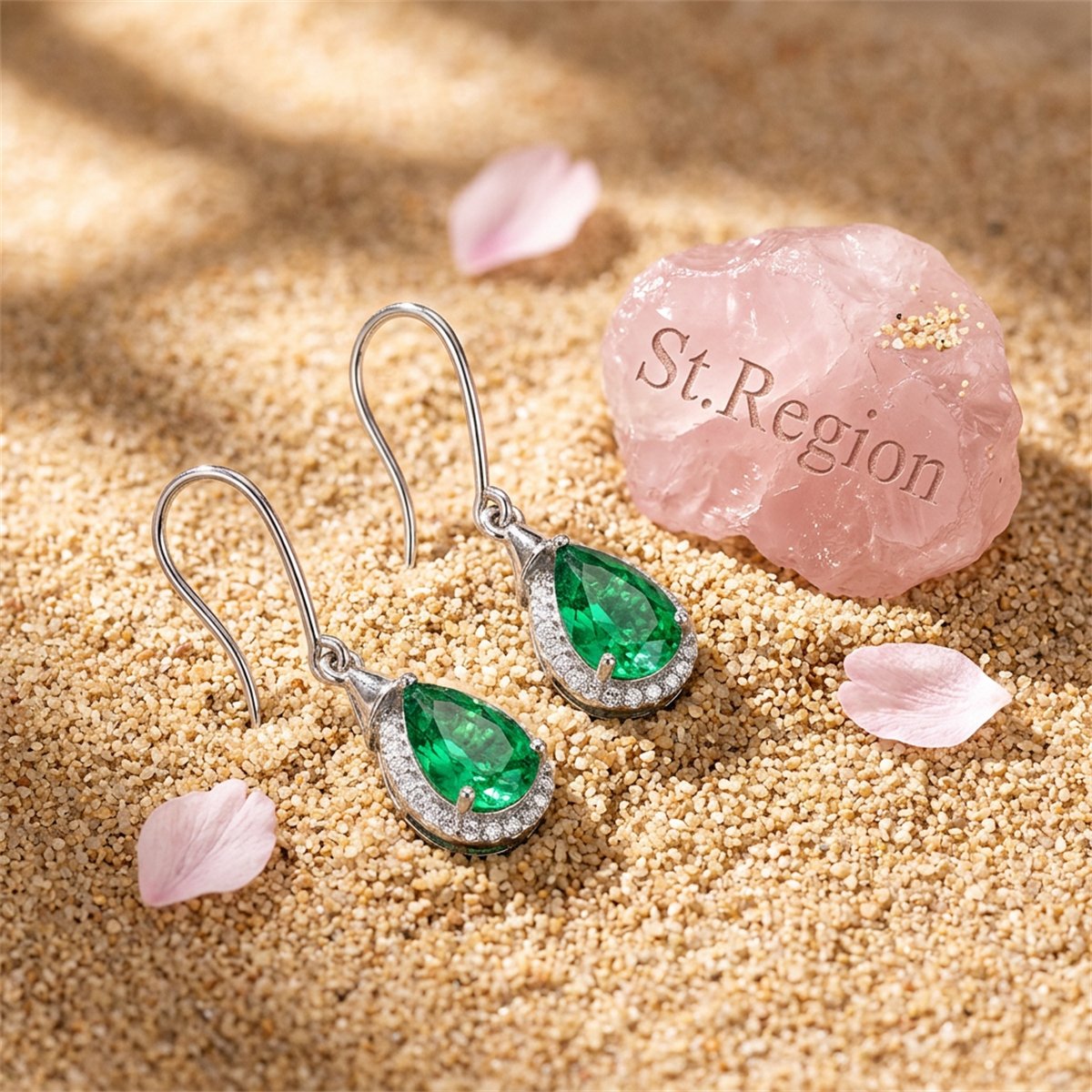 Green Crystal and Cubic Zriconia Halo Teardrop Earrings, drop earrings for women, everyday style, detail close-up