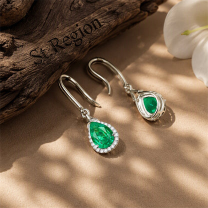 Green Crystal and Cubic Zriconia Halo Teardrop Earrings, drop earrings for women, everyday style, front view