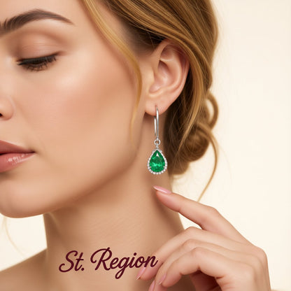 Green Crystal and Cubic Zriconia Halo Teardrop Earrings, drop earrings for women, everyday style, styled look