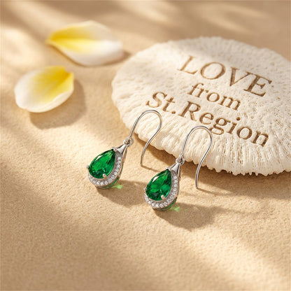 Green Crystal and Cubic Zriconia Halo Teardrop Earrings, drop earrings for women, everyday style, lifestyle look