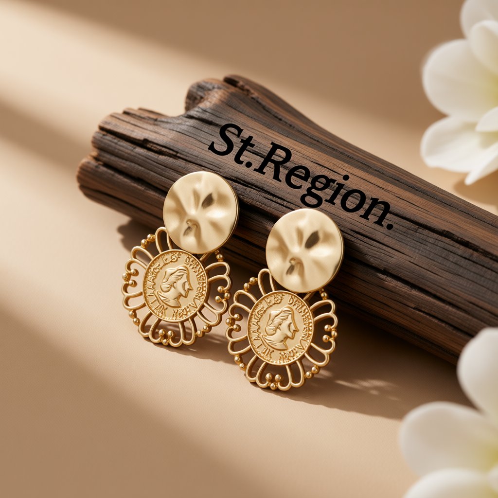 18K Gold-Plated Queen Coin Drop Earrings, gold drop earrings for women, dainty minimalist design, front view