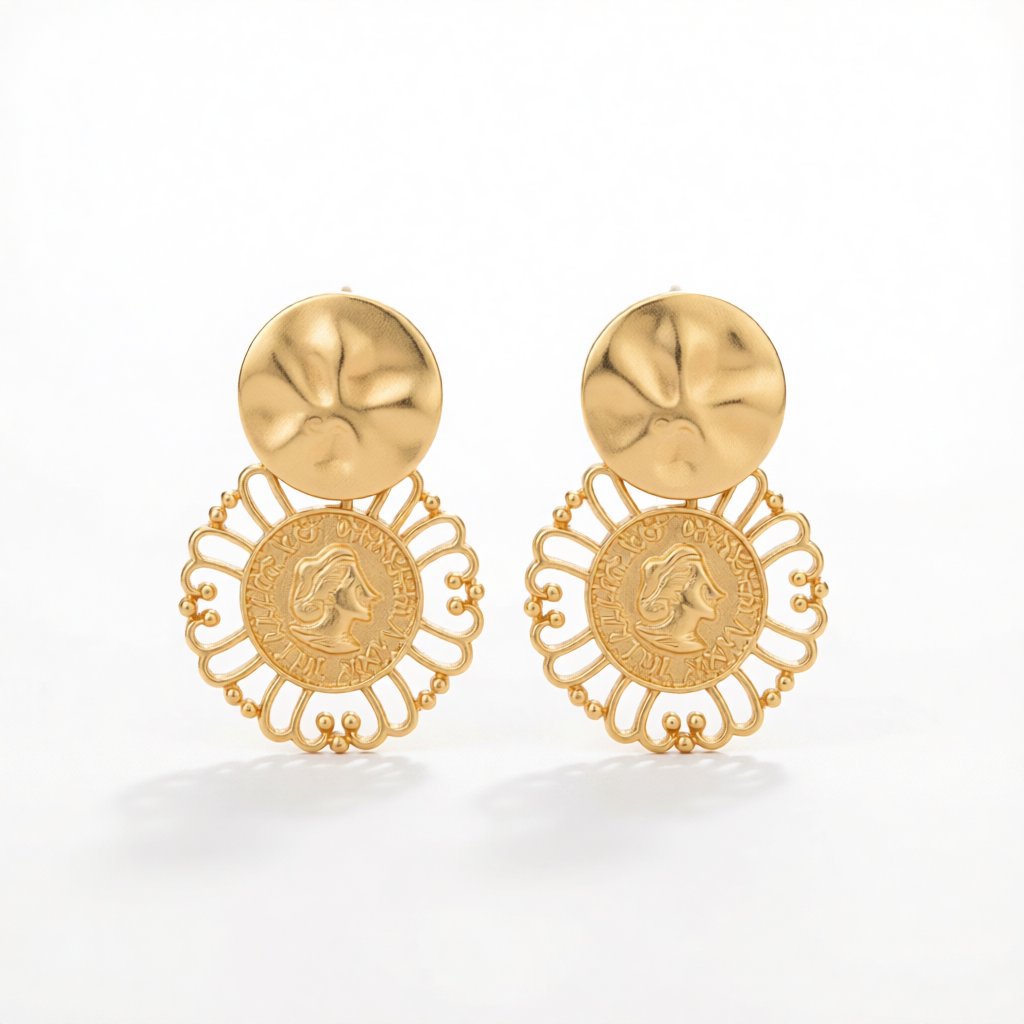 18K Gold-Plated Queen Coin Drop Earrings, gold drop earrings for women, dainty minimalist design, side view