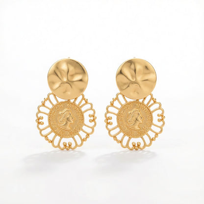 18K Gold-Plated Queen Coin Drop Earrings, gold drop earrings for women, dainty minimalist design, side view