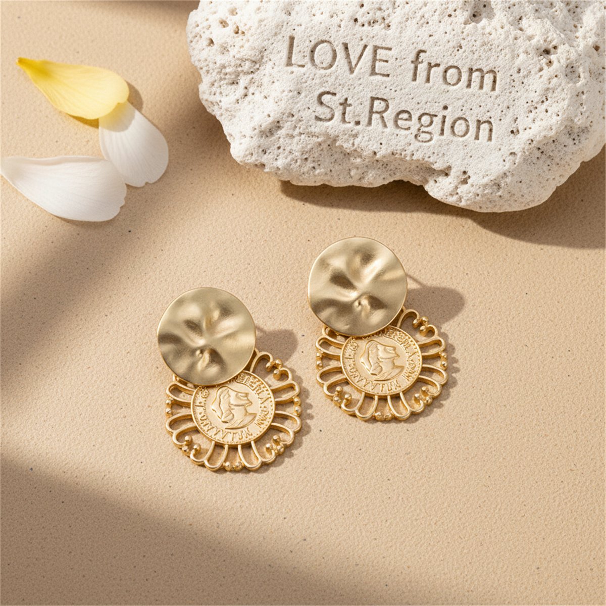 18K Gold-Plated Queen Coin Drop Earrings, gold drop earrings for women, dainty minimalist design, lifestyle look