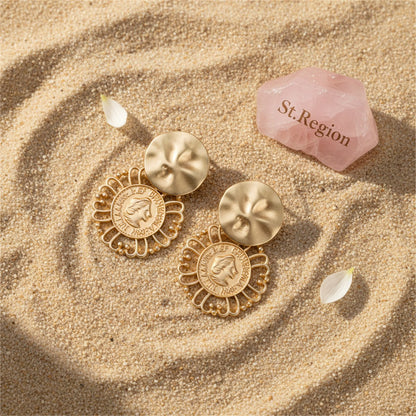 18K Gold-Plated Queen Coin Drop Earrings, gold drop earrings for women, dainty minimalist design, detail close-up