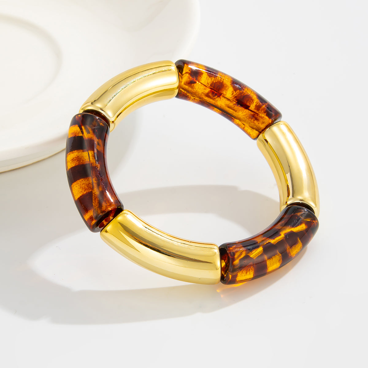 Amber Resin and Goldtone Leopard Print Joint Stretch Bracelet, elegant gift for her, lifestyle look