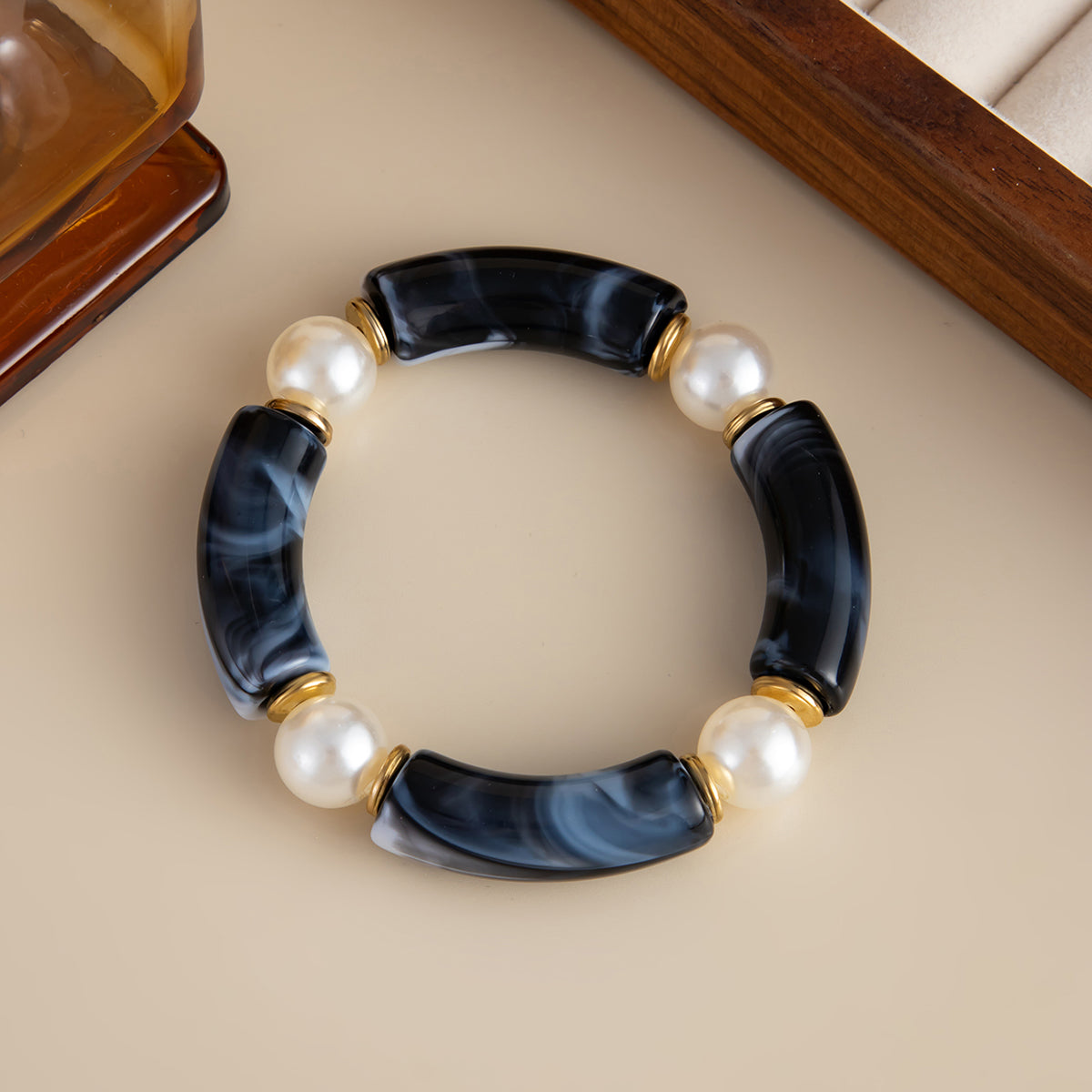 Black Resin and Pearl Goldtone Sequin Joint Stretch Bracelet, elegant gift for her, side view