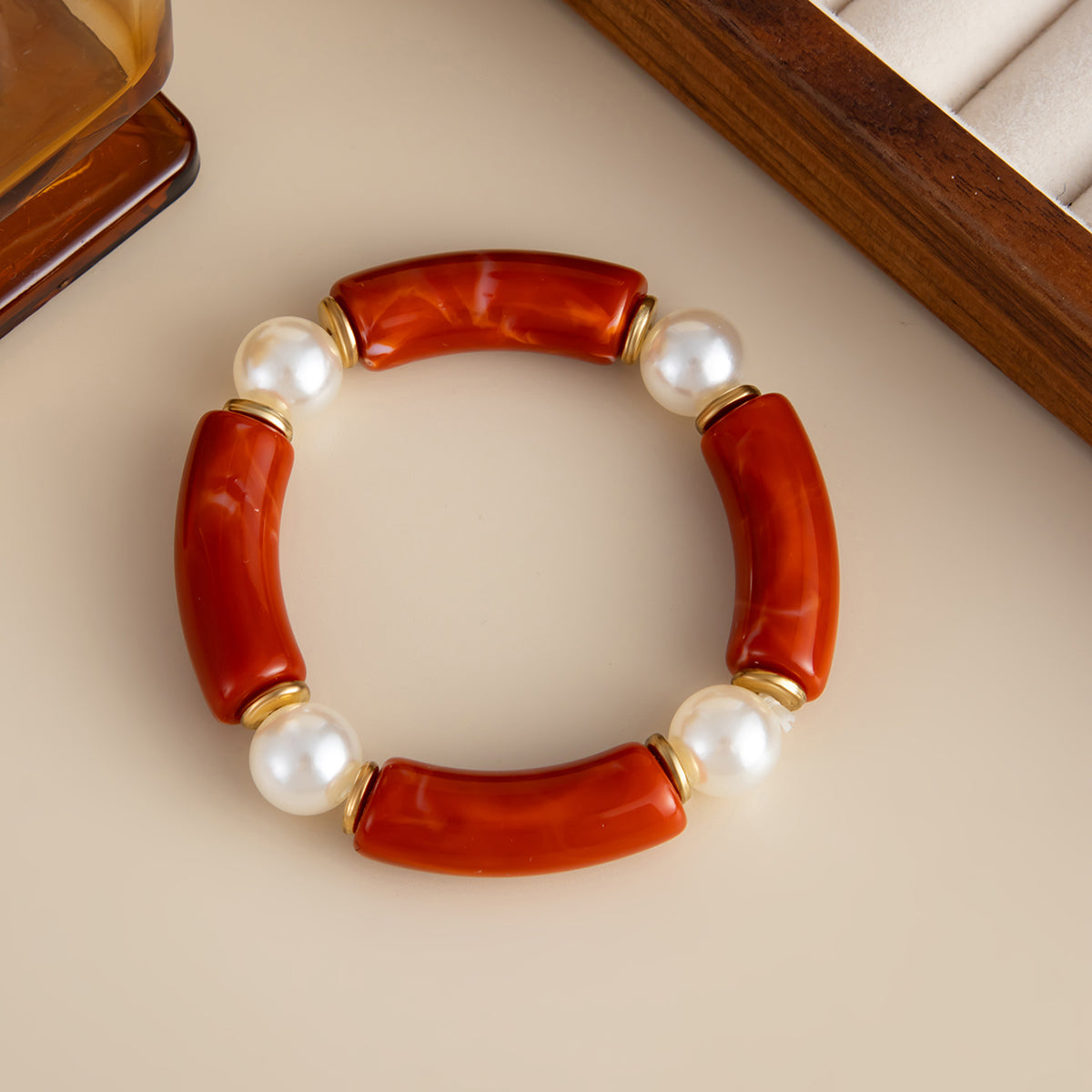 Red Resin and Pearl Goldtone Sequin Joint Stretch Bracelet, everyday style, side view