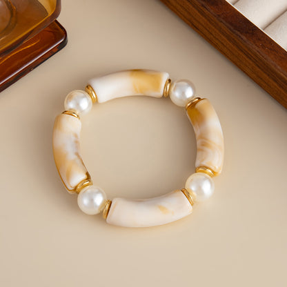 Beige Resin and Pearl Goldtone Sequin Joint Stretch Bracelet, everyday style, side view