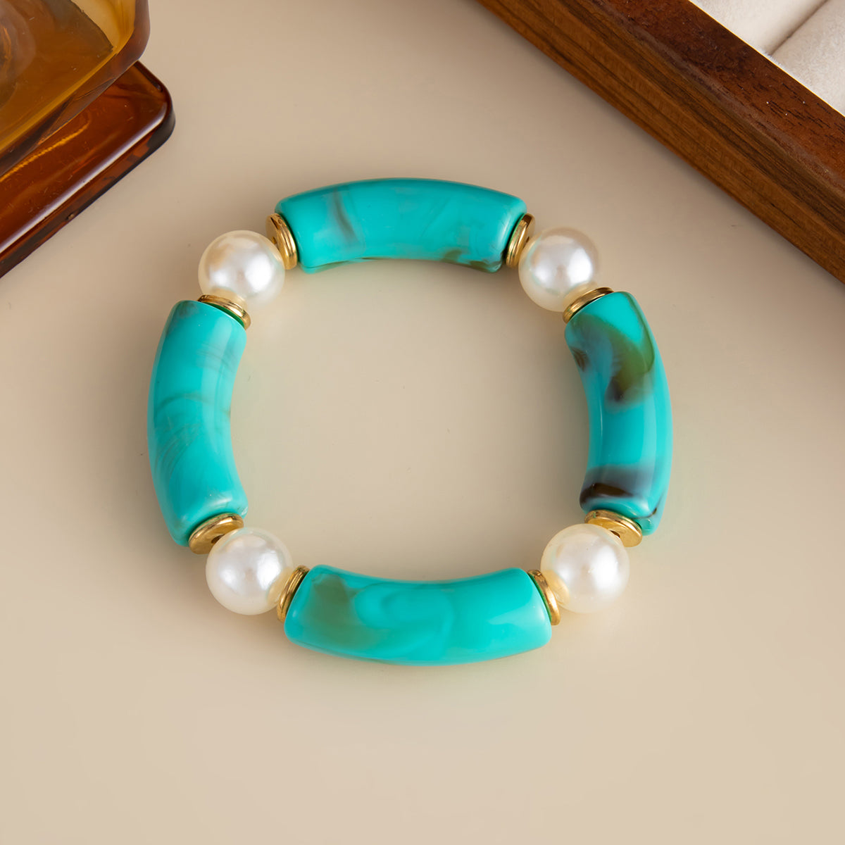 Teal Resin and Pearl Goldtone Sequin Joint Stretch Bracelet, everyday style, side view