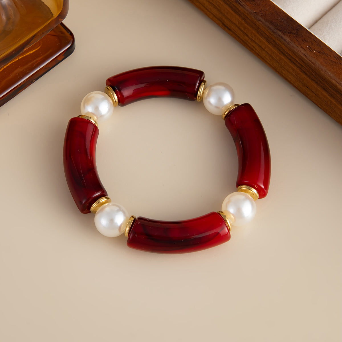 Wine Red Resin and Pearl Goldtone Sequin Joint Stretch Bracelet, dainty minimalist design, side view