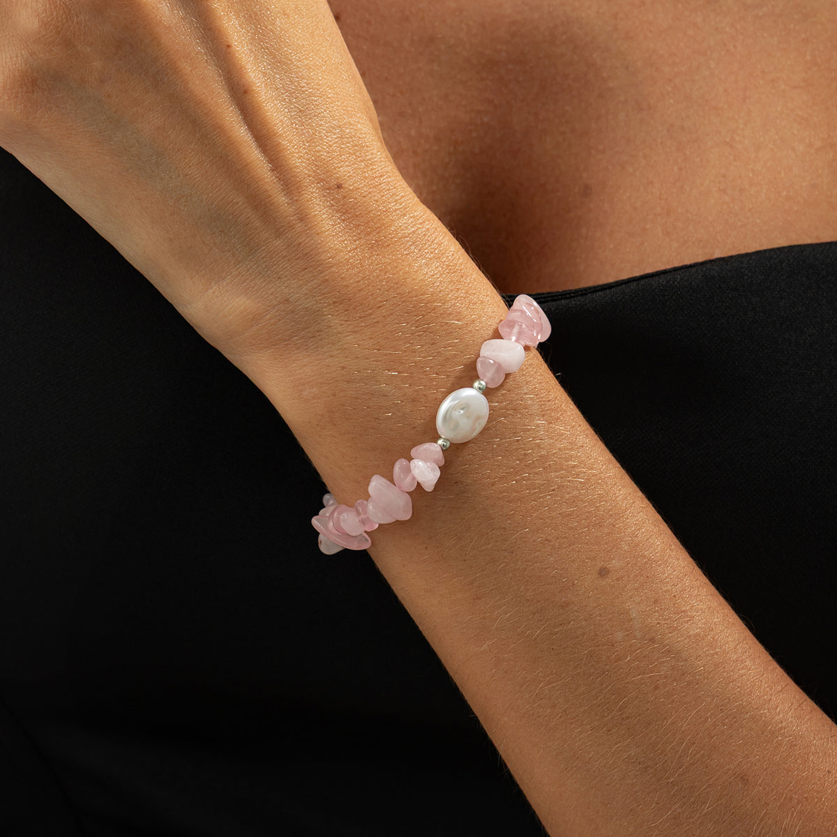 Pink Quartz and Baroque Pearl Silvertone Beads Chain Bracelet, silver bracelet for women, botanical inspired, lifestyle look