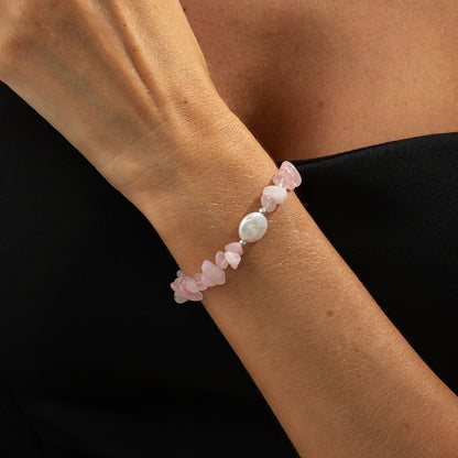 Pink Quartz and Baroque Pearl Silvertone Beads Chain Bracelet, silver bracelet for women, botanical inspired, lifestyle look