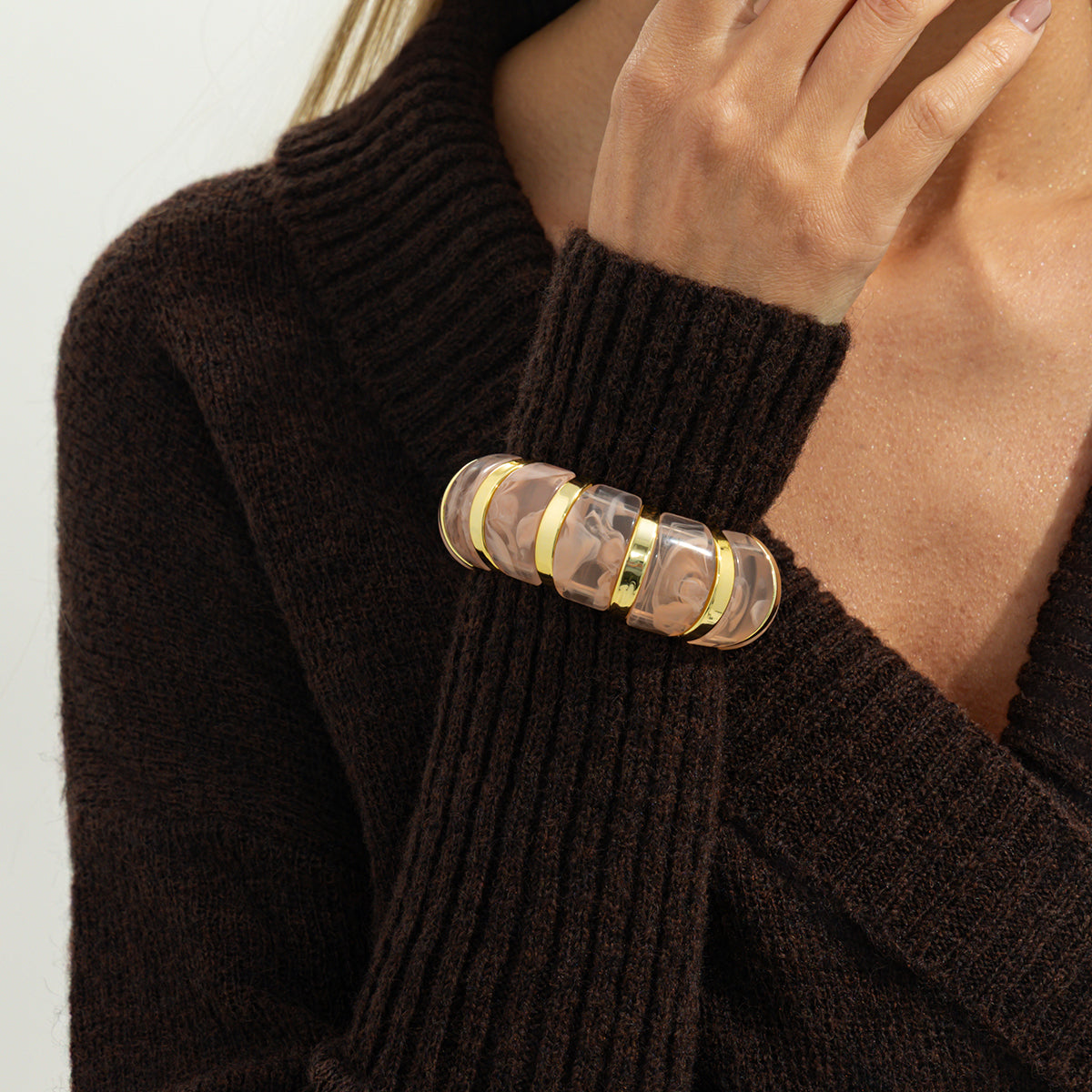 Pink Resin and Goldtone Oval Station Stretch Bracelet, dainty minimalist design, lifestyle look