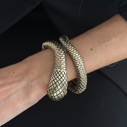 Cubic Zirconia and Goldtone Textured Snake Layered Bangle, gold bangle bracelet, everyday style, styled look