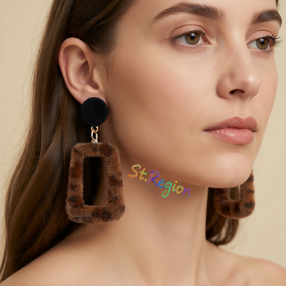 Brown Leopard Gabardine Square Drop Earrings