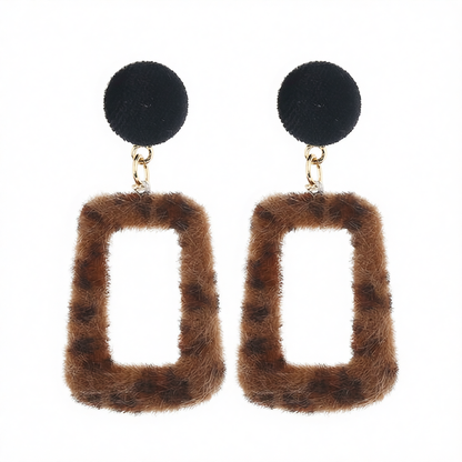 Brown Leopard Gabardine Square Drop Earrings