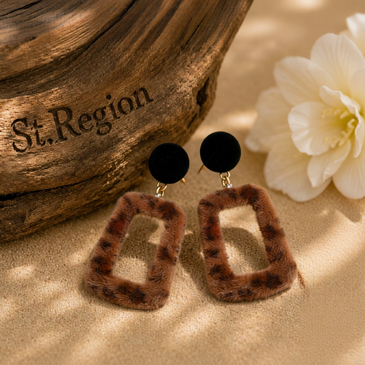 Brown Leopard Gabardine Square Drop Earrings