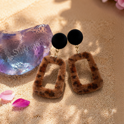 Brown Leopard Gabardine Square Drop Earrings