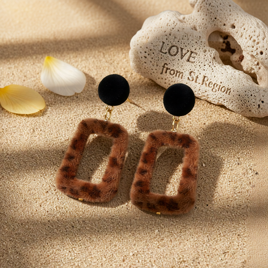 Brown Leopard Gabardine Square Drop Earrings