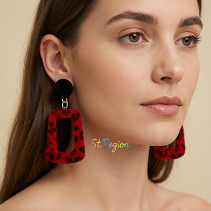 Red Gabardine & Leopard-Print Square Drop Earrings