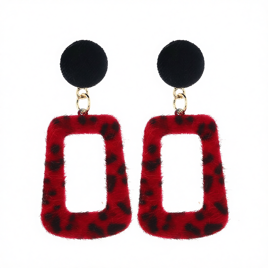 Red Gabardine & Leopard-Print Square Drop Earrings
