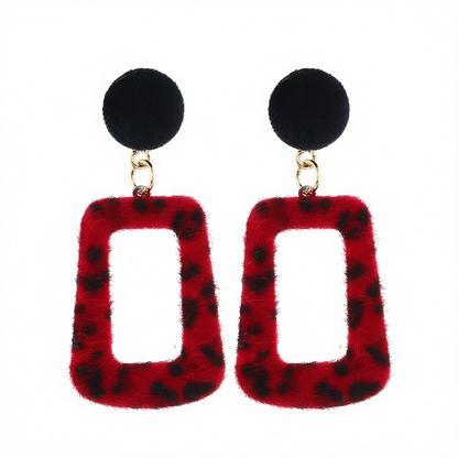 Red Gabardine & Leopard-Print Square Drop Earrings