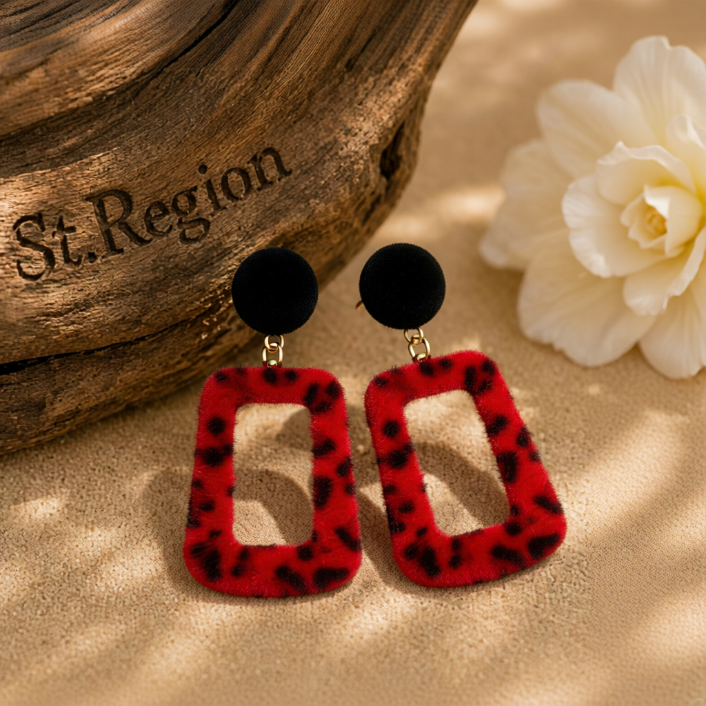 Red Gabardine & Leopard-Print Square Drop Earrings
