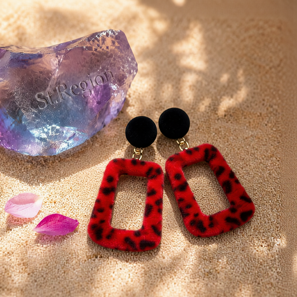 Red Gabardine & Leopard-Print Square Drop Earrings