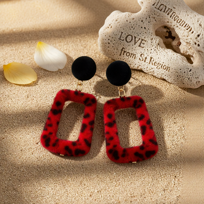 Red Gabardine & Leopard-Print Square Drop Earrings