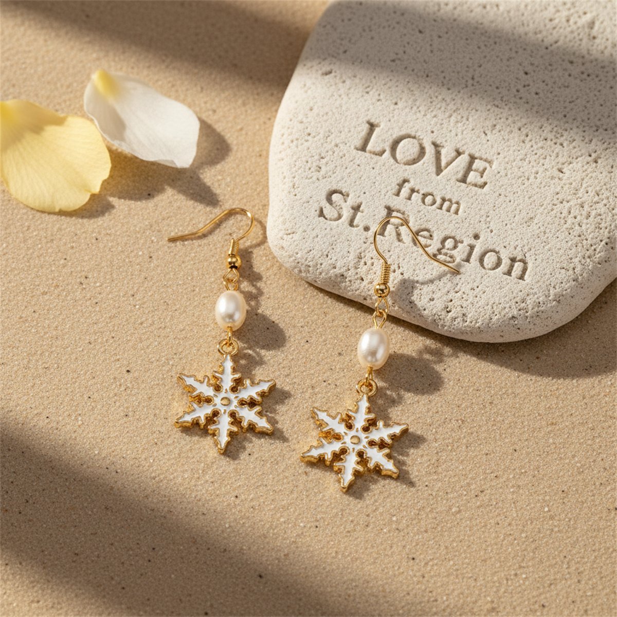 Pearl and Enamel 18K Gold-Plated Snowflake Drop Earrings, gold drop earrings for women, everyday style, lifestyle look