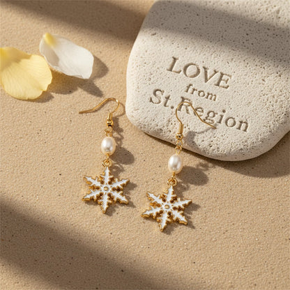 Pearl and Enamel 18K Gold-Plated Snowflake Drop Earrings, gold drop earrings for women, everyday style, lifestyle look