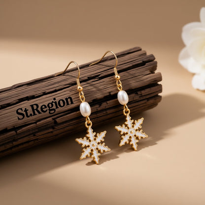 Pearl and Enamel 18K Gold-Plated Snowflake Drop Earrings, gold drop earrings for women, everyday style, front view