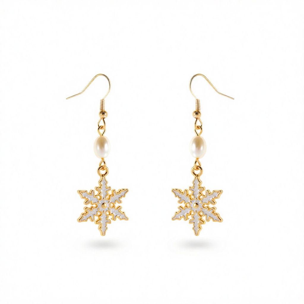 Pearl and Enamel 18K Gold-Plated Snowflake Drop Earrings, gold drop earrings for women, everyday style, side view