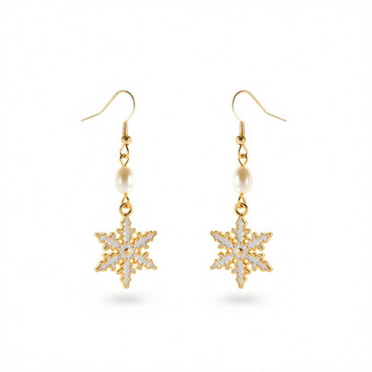 Pearl and Enamel 18K Gold-Plated Snowflake Drop Earrings, gold drop earrings for women, everyday style, side view