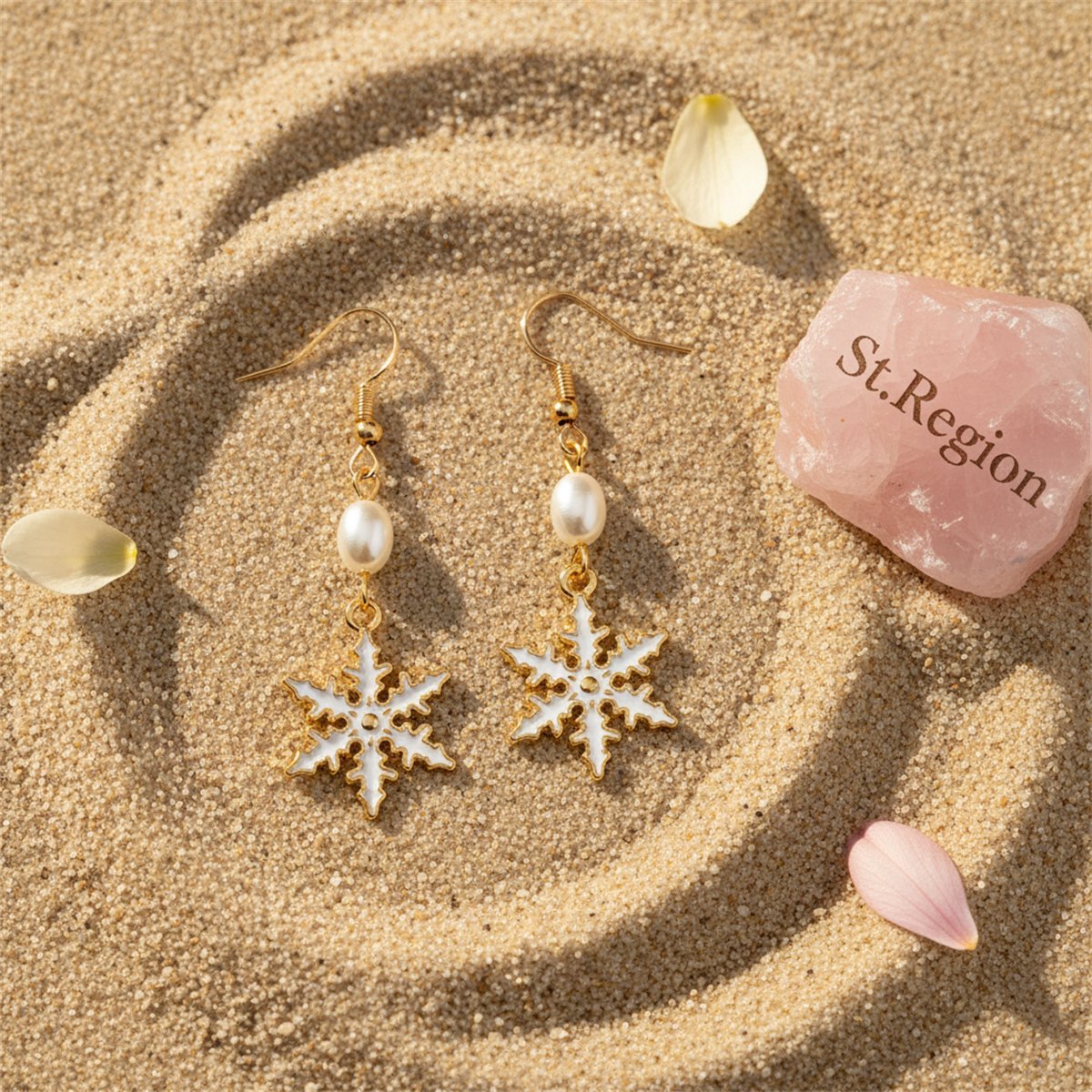 Pearl and Enamel 18K Gold-Plated Snowflake Drop Earrings, gold drop earrings for women, everyday style, detail close-up