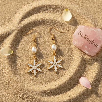Pearl and Enamel 18K Gold-Plated Snowflake Drop Earrings, gold drop earrings for women, everyday style, detail close-up