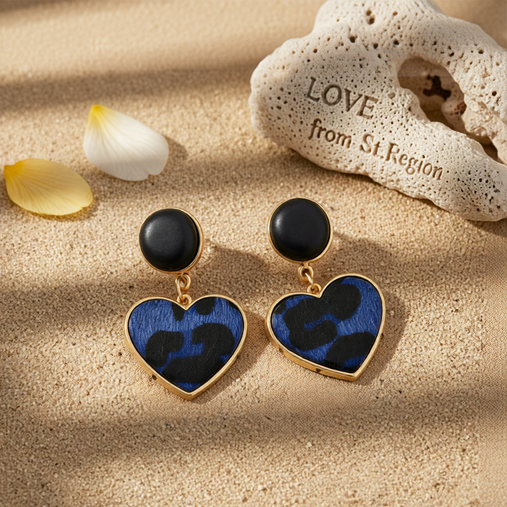 Blue Leopard Gabardine Heart Leather Drop Earrings