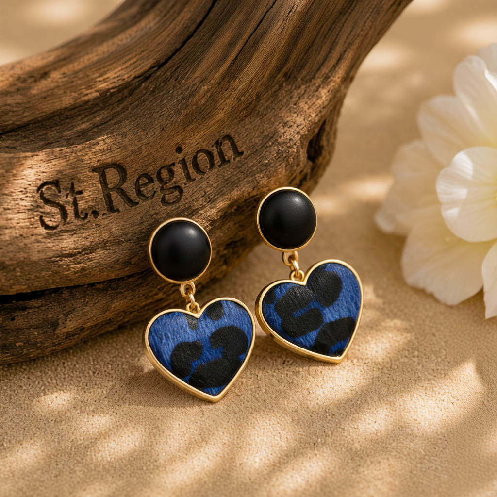 Blue Leopard Gabardine Heart Leather Drop Earrings