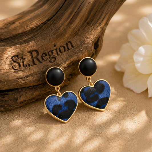 Blue Leopard Gabardine Heart Leather Drop Earrings