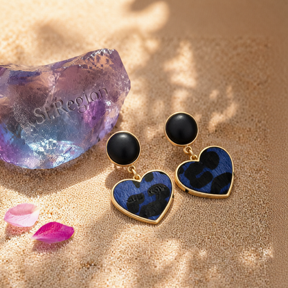 Blue Leopard Gabardine Heart Leather Drop Earrings
