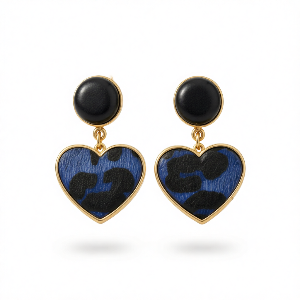 Blue Leopard Gabardine Heart Leather Drop Earrings