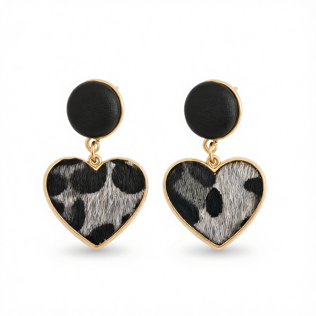 Gray Polyurethane & 18K Gold-Plated Leopard-Print Heart Leather Drop Earrings