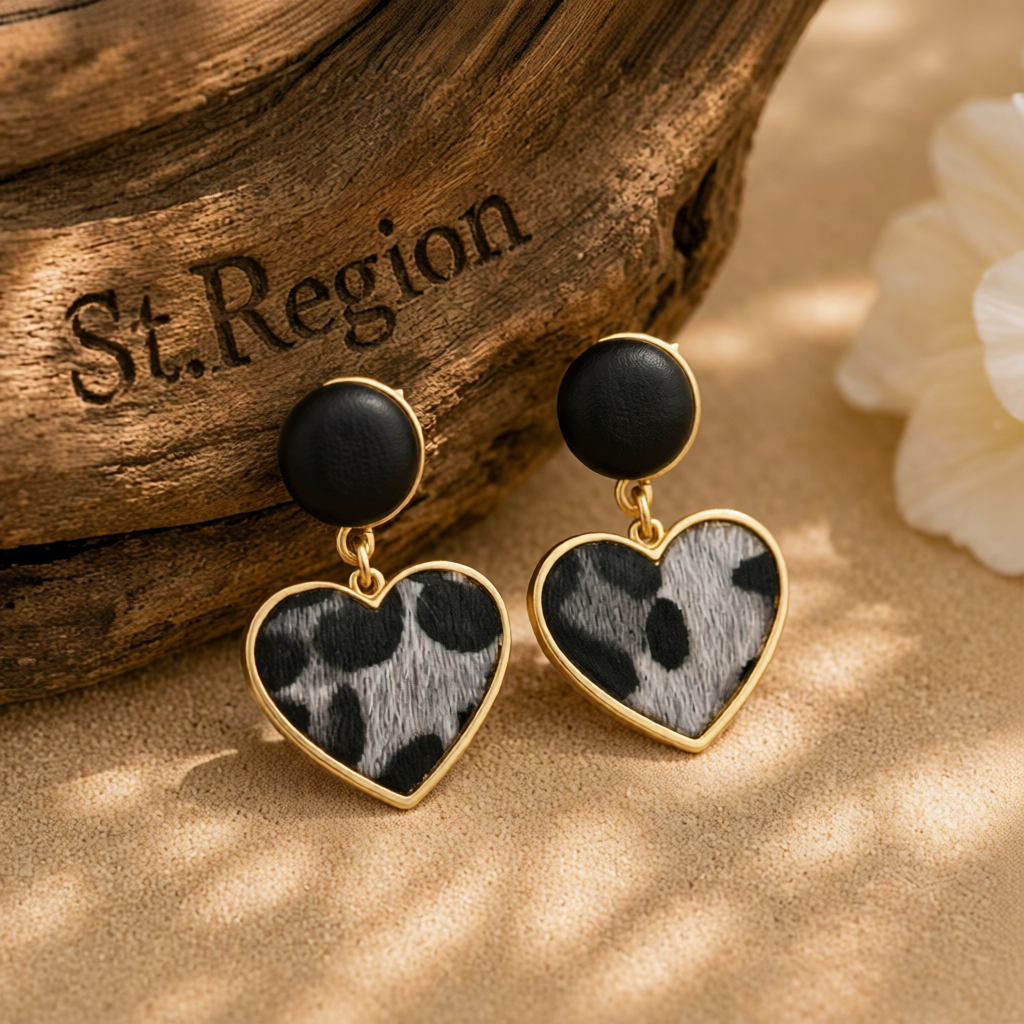 Gray Polyurethane & 18K Gold-Plated Leopard-Print Heart Leather Drop Earrings