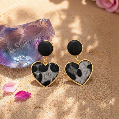 Gray Polyurethane & 18K Gold-Plated Leopard-Print Heart Leather Drop Earrings